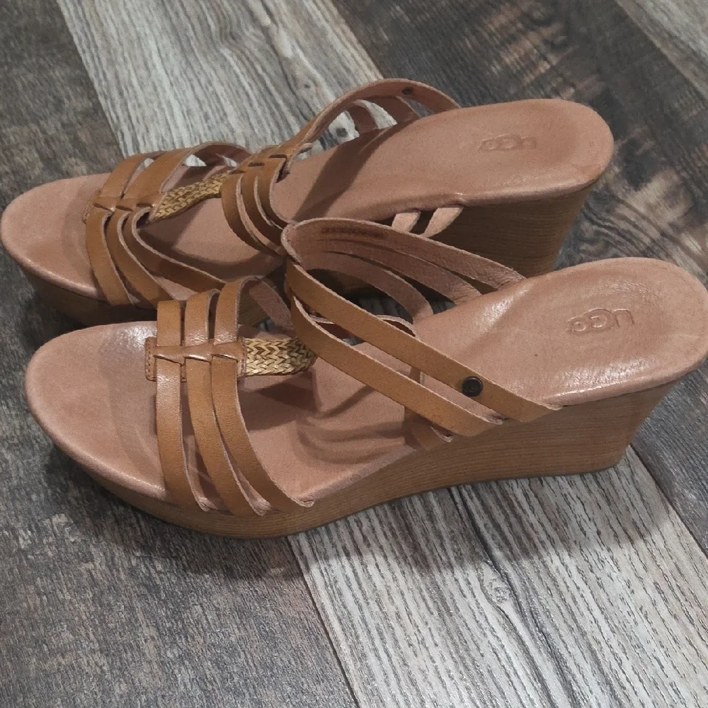 UGG Tan Leather Wedge Sandals
